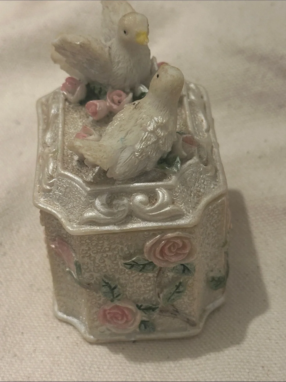 Decorative Bird Trinket Box - Pearl White with Pink Roses